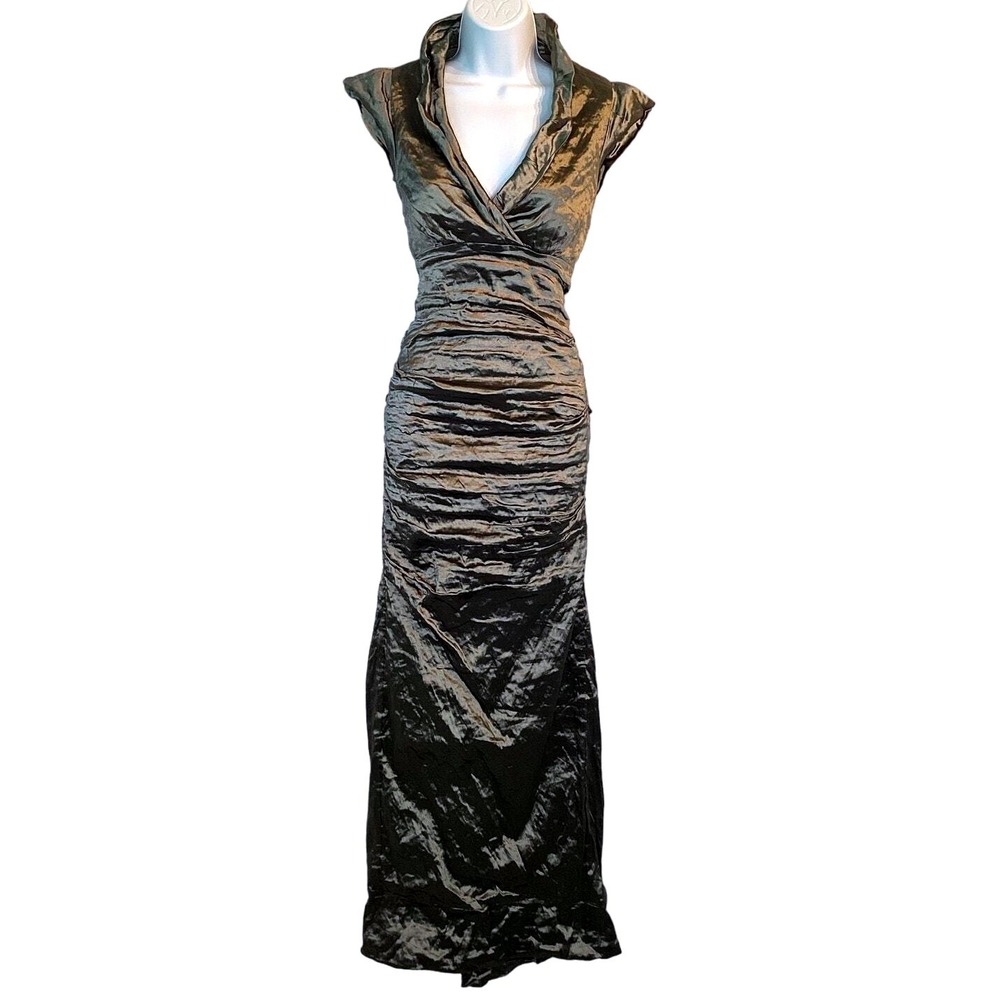 Nicole Miller Evening Gown Womens 2 Bronze Ruched Metallic Portrait Collar - Picture 3 of 16